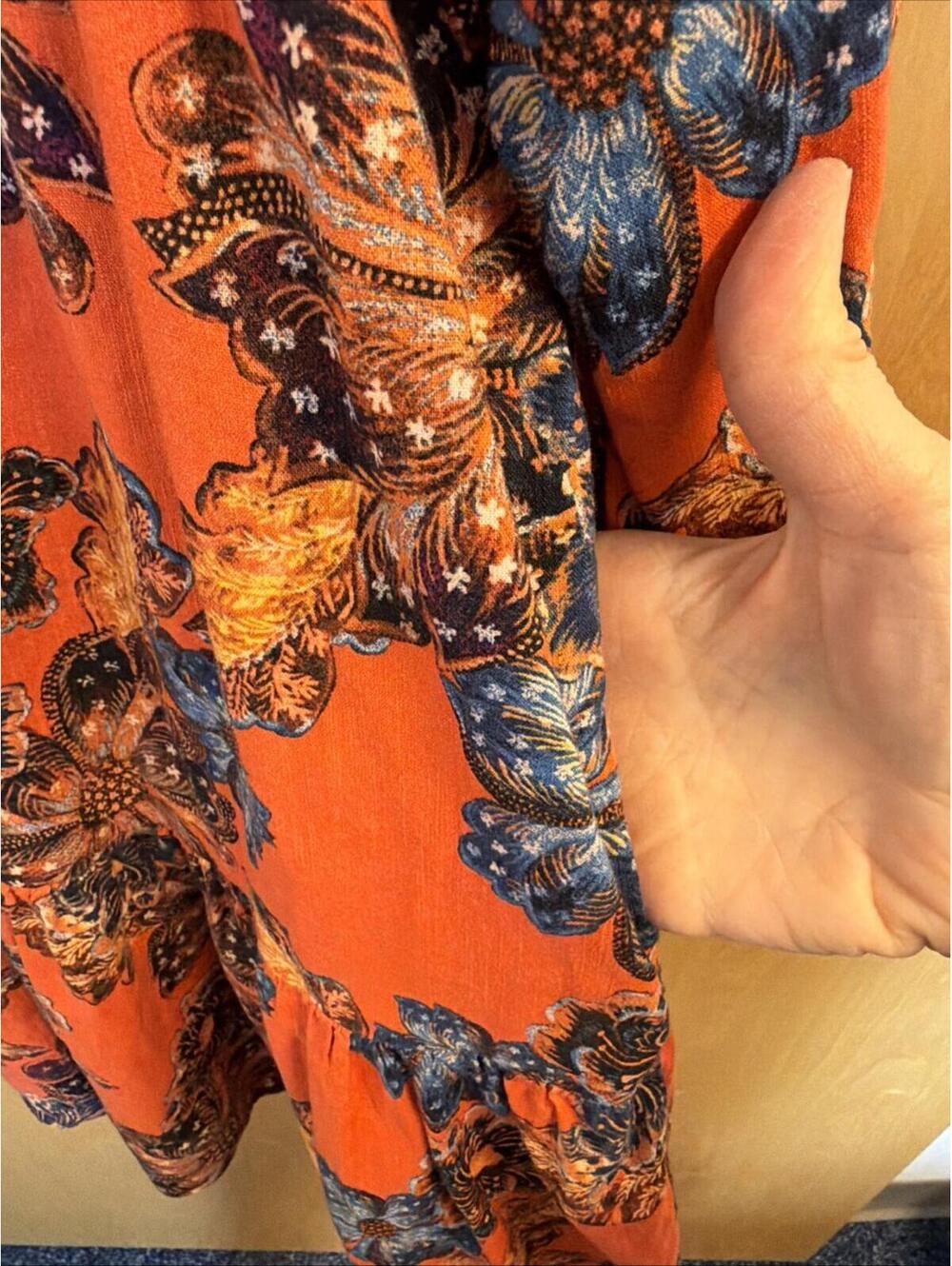 Old Navy Orange floral swing dress Lace Tie Neck Sz L Petite Pockets Boho Flowy - Picture 6 of 10